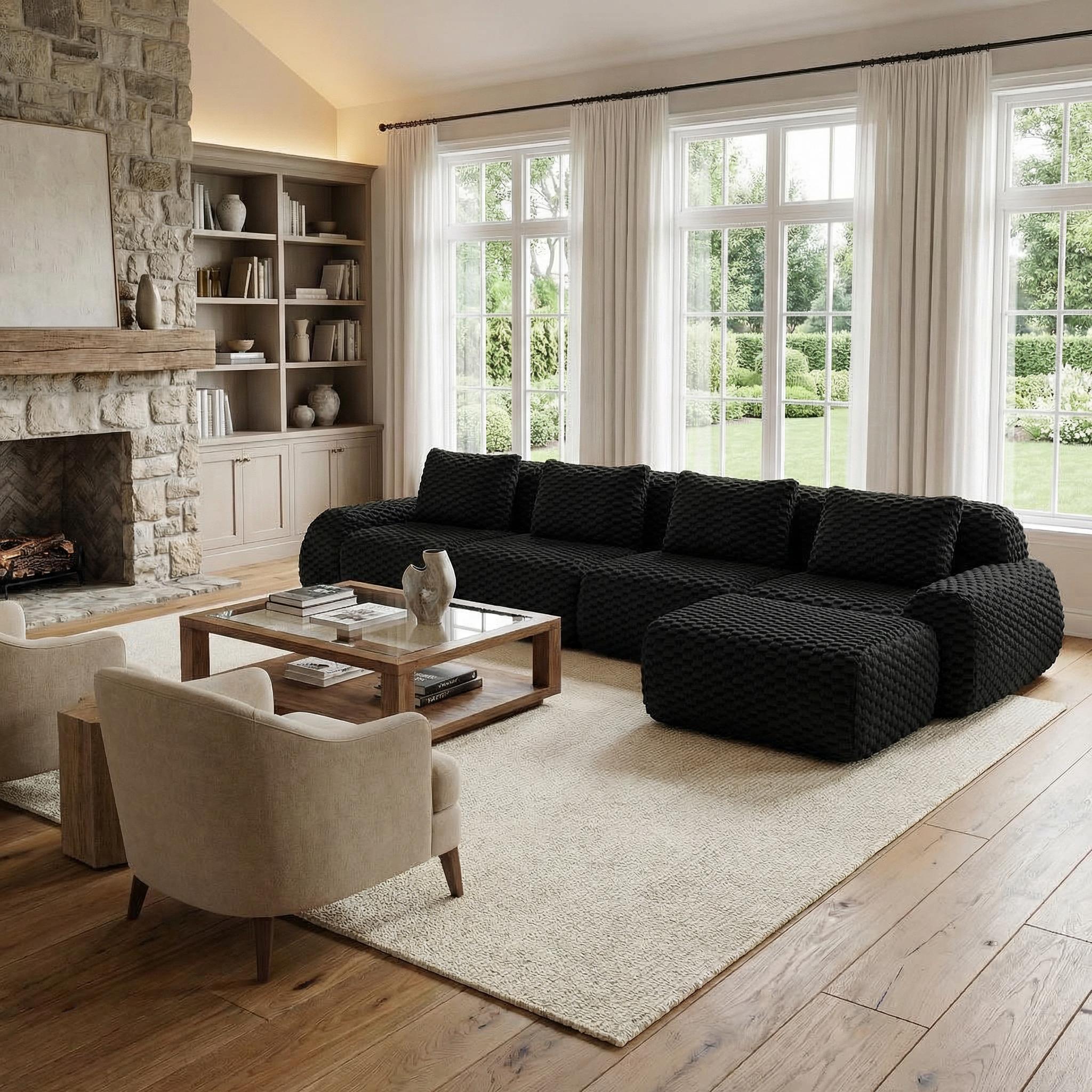 Olathe 146" Modular Flannelette Fabric L-Shaped Sectional Sofa with Movable Ottoman