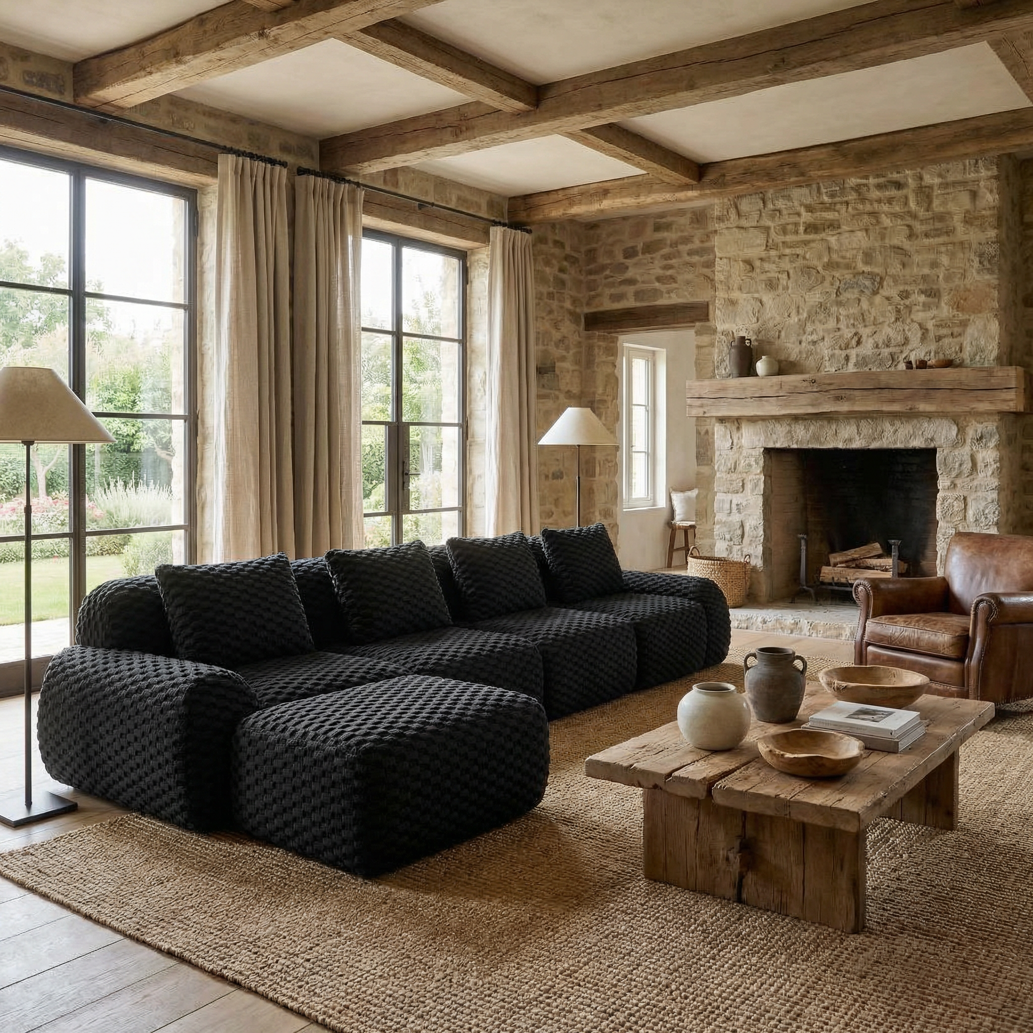 Olathe 146" Modular Flannelette Fabric L-Shaped Sectional Sofa with Movable Ottoman