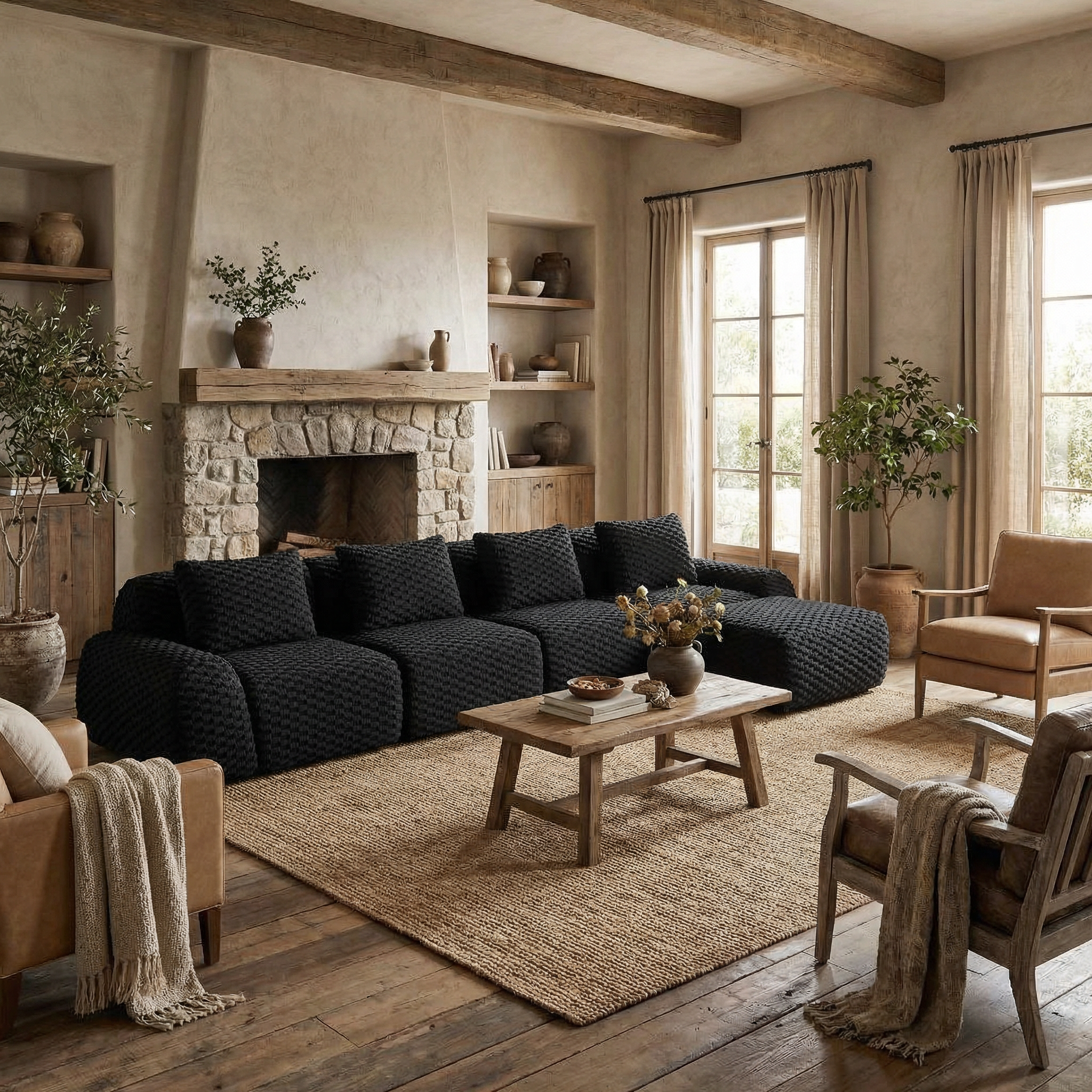 Olathe 146" Modular Flannelette Fabric L-Shaped Sectional Sofa with Movable Ottoman