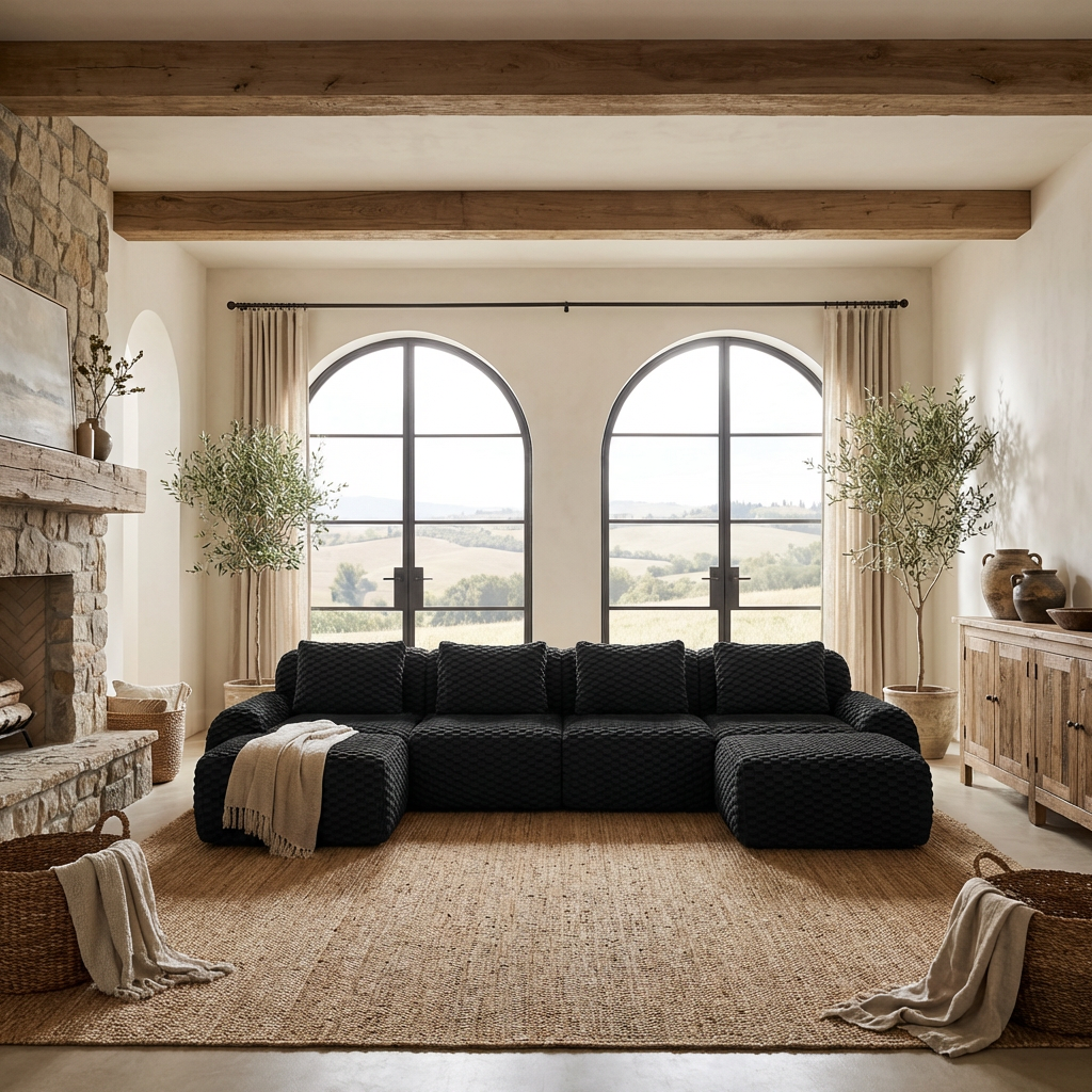 Olathe 146" Modular Flannelette Fabric U-Shaped Sectional Sofa with Movable Ottomans