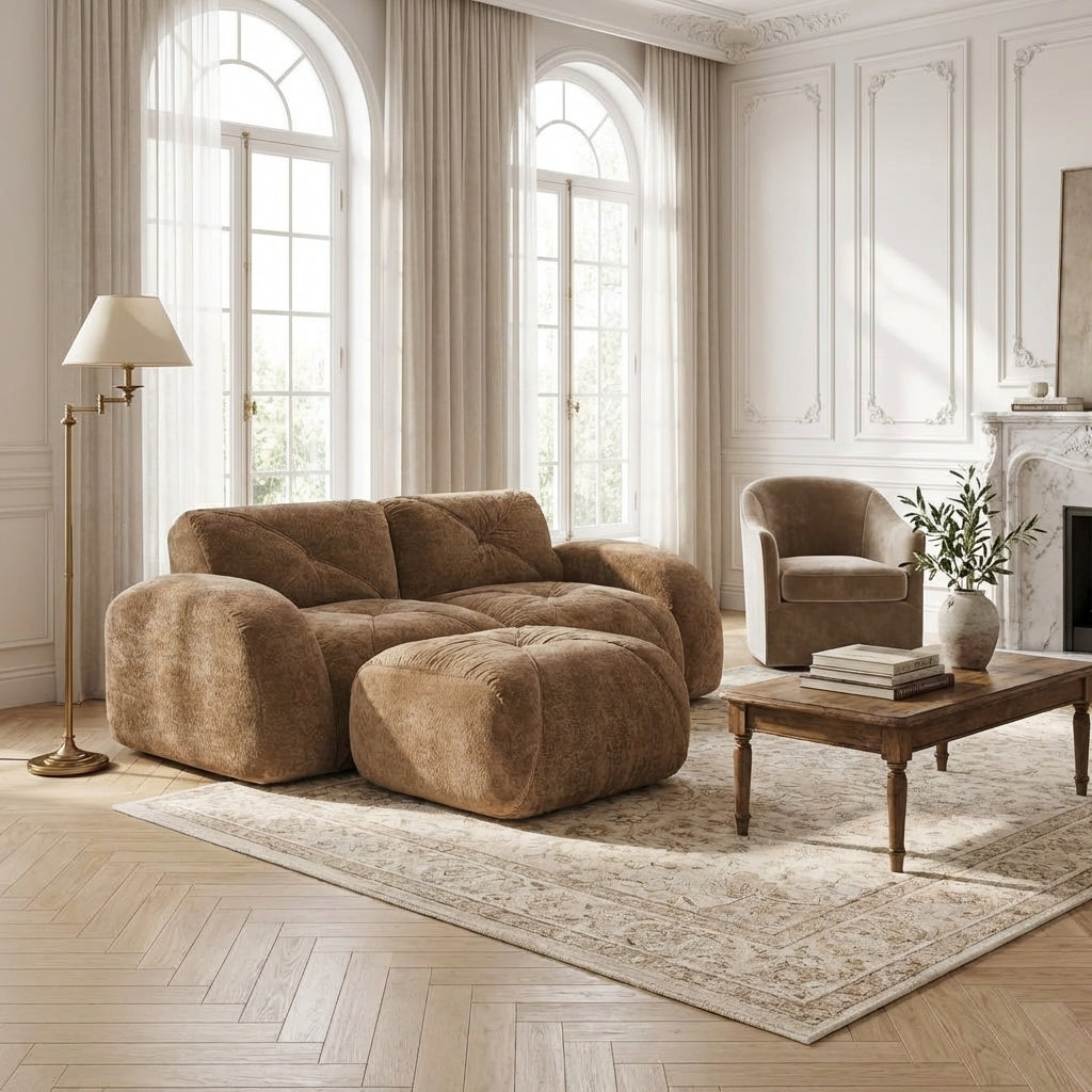 Aven 80" Modular Velvet Cloud L-Shaped Sectional Sofa with Ottoman and Curved Armrests