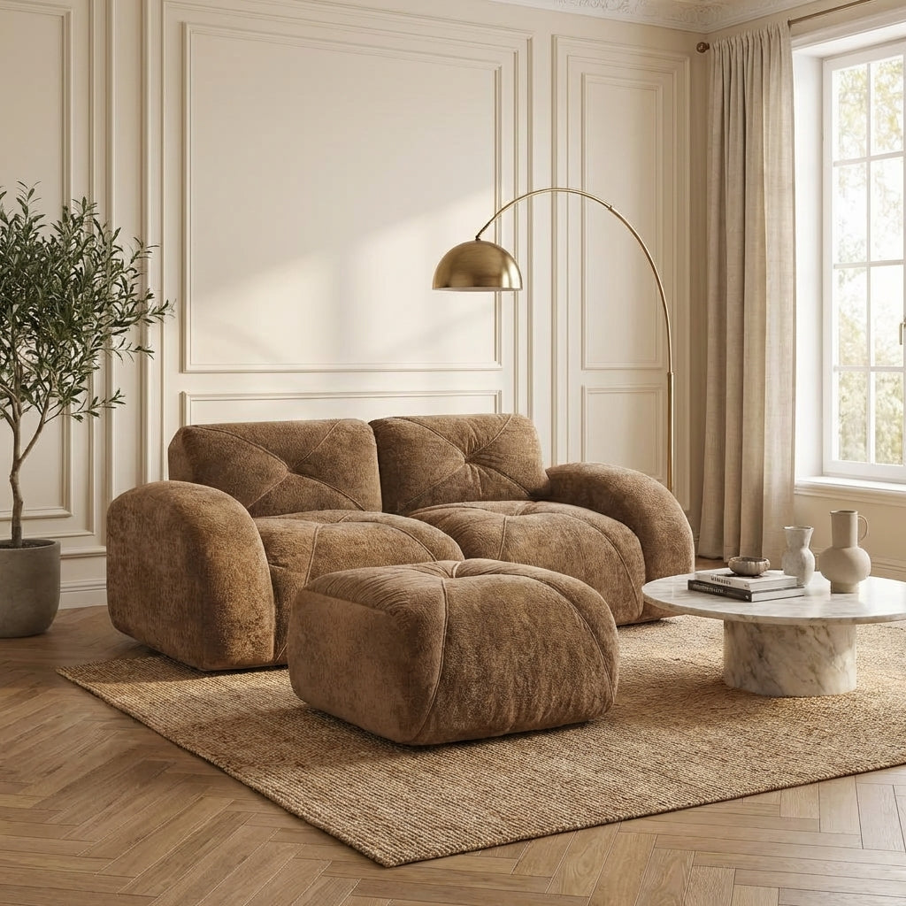 Aven 80" Modular Velvet Cloud L-Shaped Sectional Sofa with Ottoman and Curved Armrests