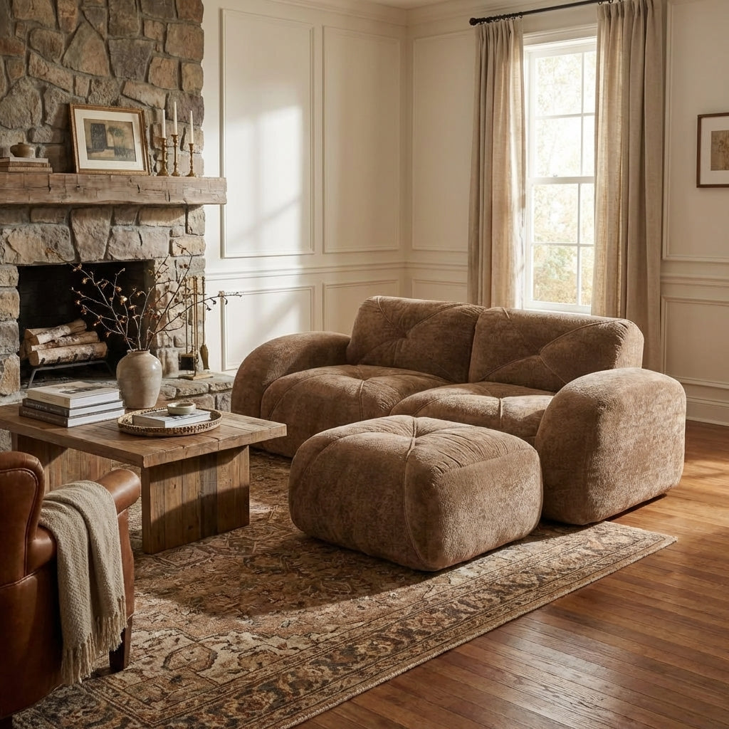 Aven 80" Modular Velvet Cloud L-Shaped Sectional Sofa with Ottoman and Curved Armrests