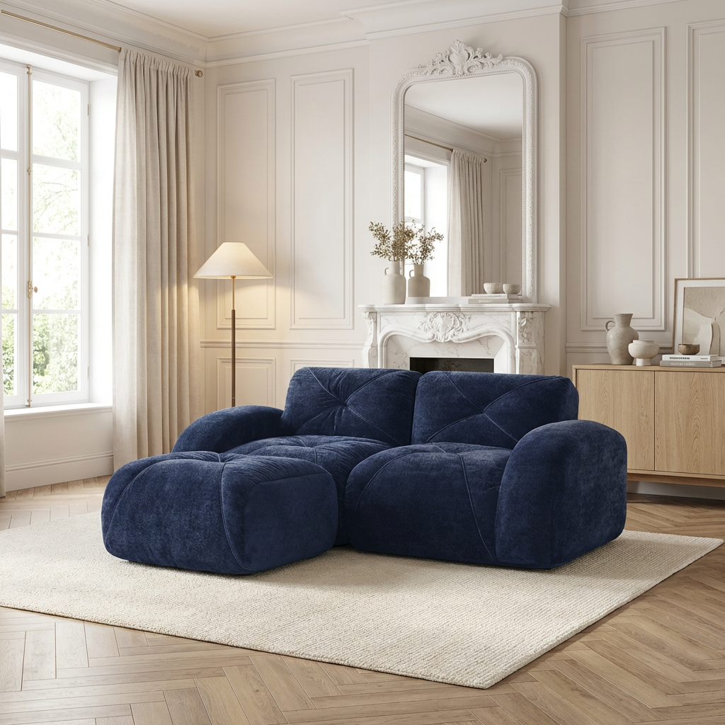 Aven 80" Modular Velvet Cloud L-Shaped Sectional Sofa with Ottoman and Curved Armrests