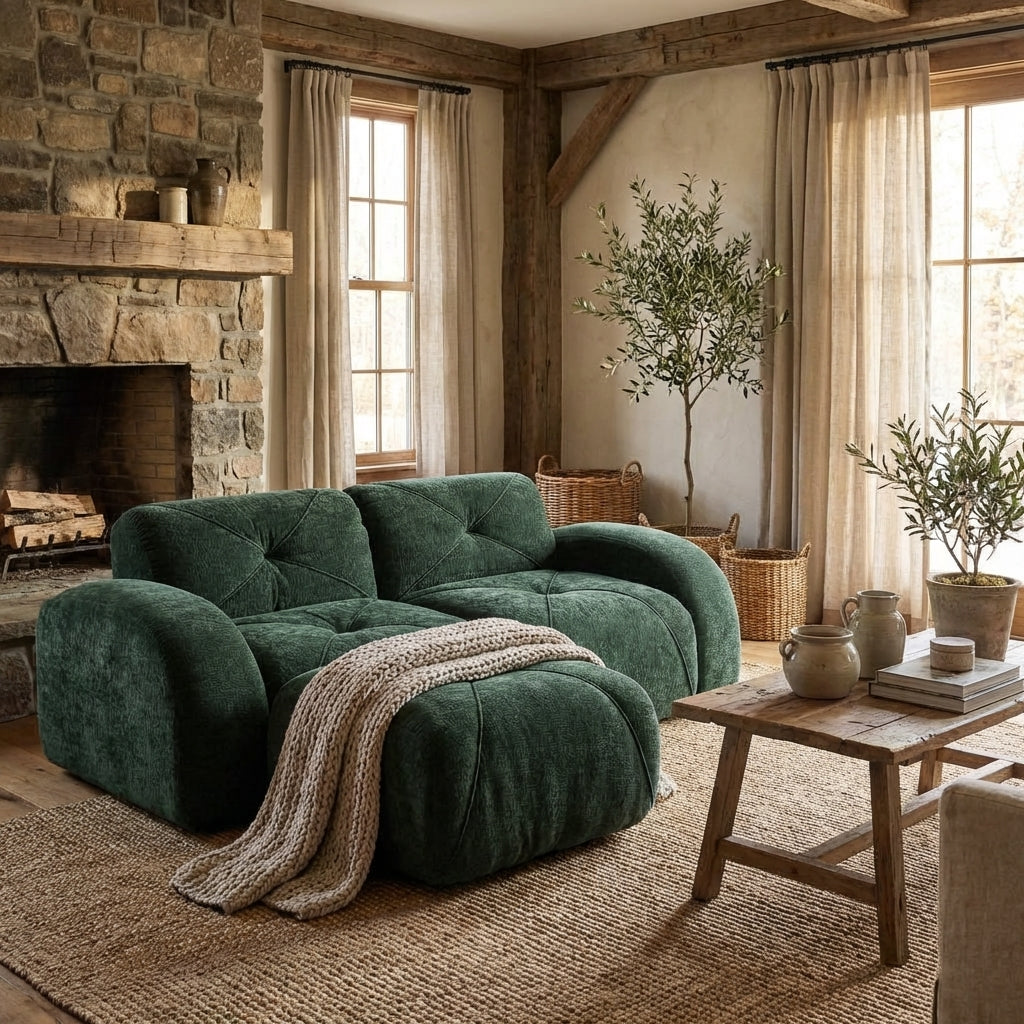 Aven 80" Modular Velvet Cloud L-Shaped Sectional Sofa with Ottoman and Curved Armrests