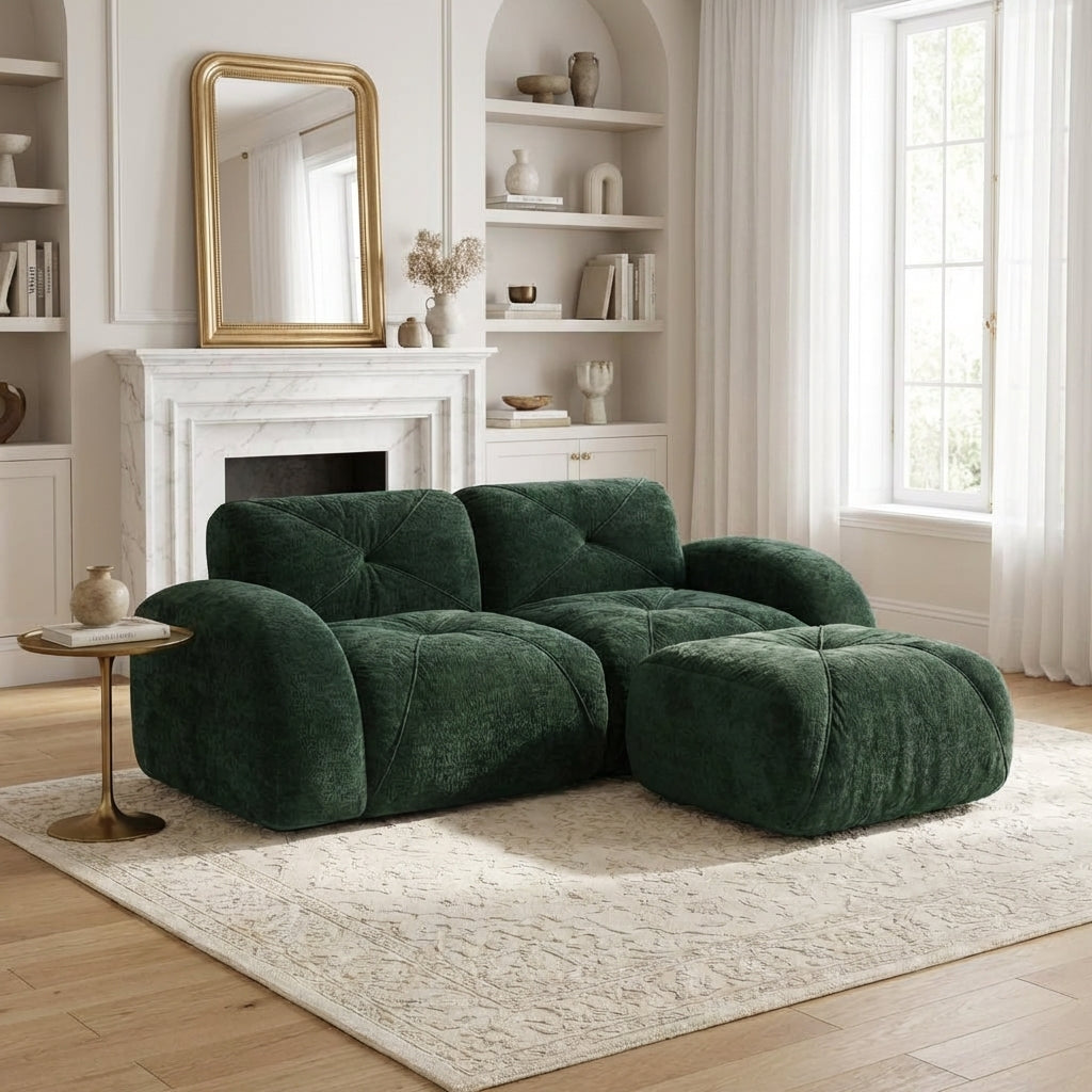Aven 80" Modular Velvet Cloud L-Shaped Sectional Sofa with Ottoman and Curved Armrests
