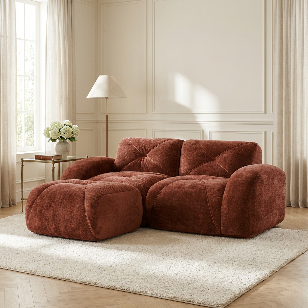 Aven 80" Modular Velvet Cloud L-Shaped Sectional Sofa with Ottoman and Curved Armrests