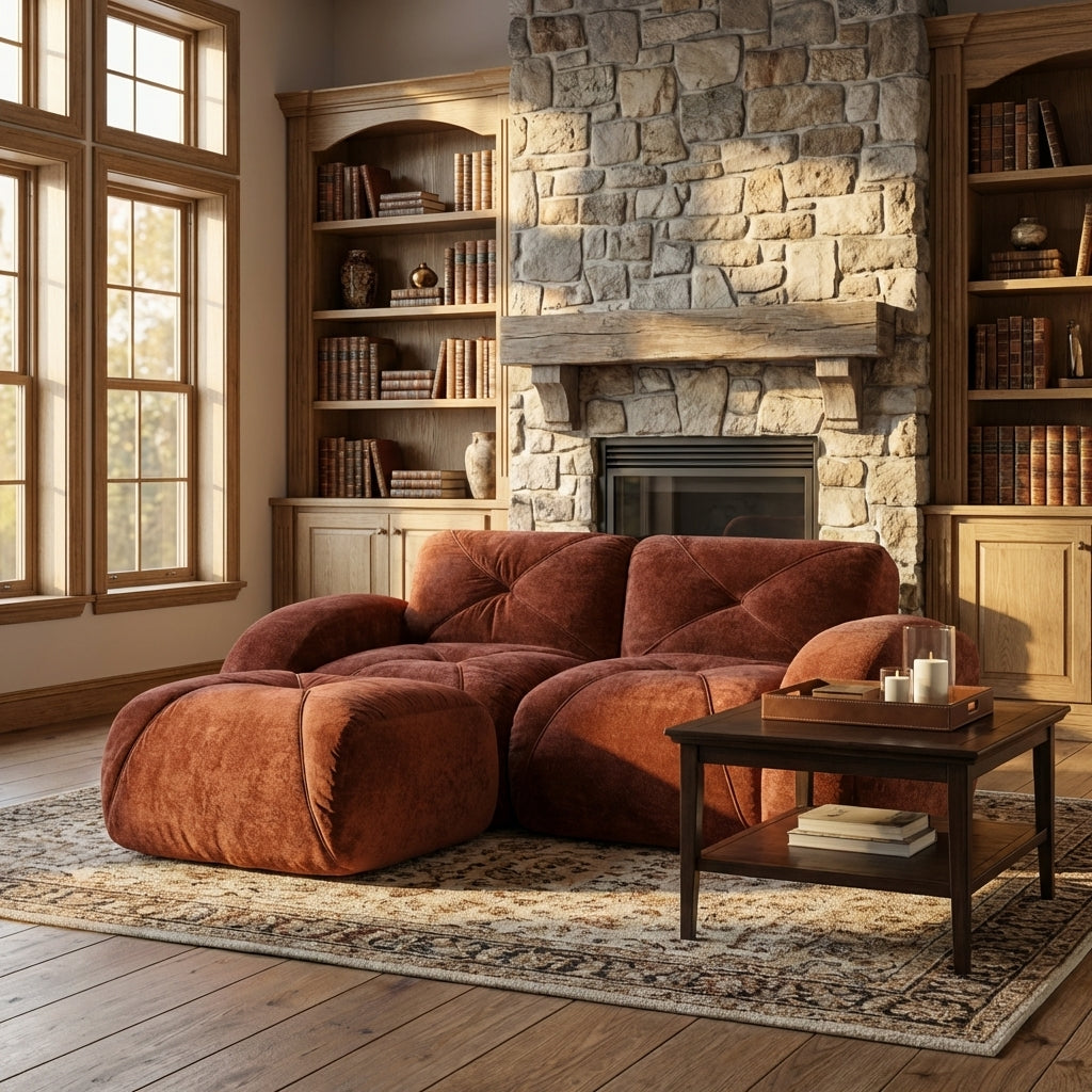 Aven 80" Modular Velvet Cloud L-Shaped Sectional Sofa with Ottoman and Curved Armrests