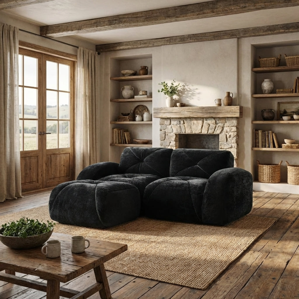 Aven 80" Modular Velvet Cloud L-Shaped Sectional Sofa with Ottoman and Curved Armrests
