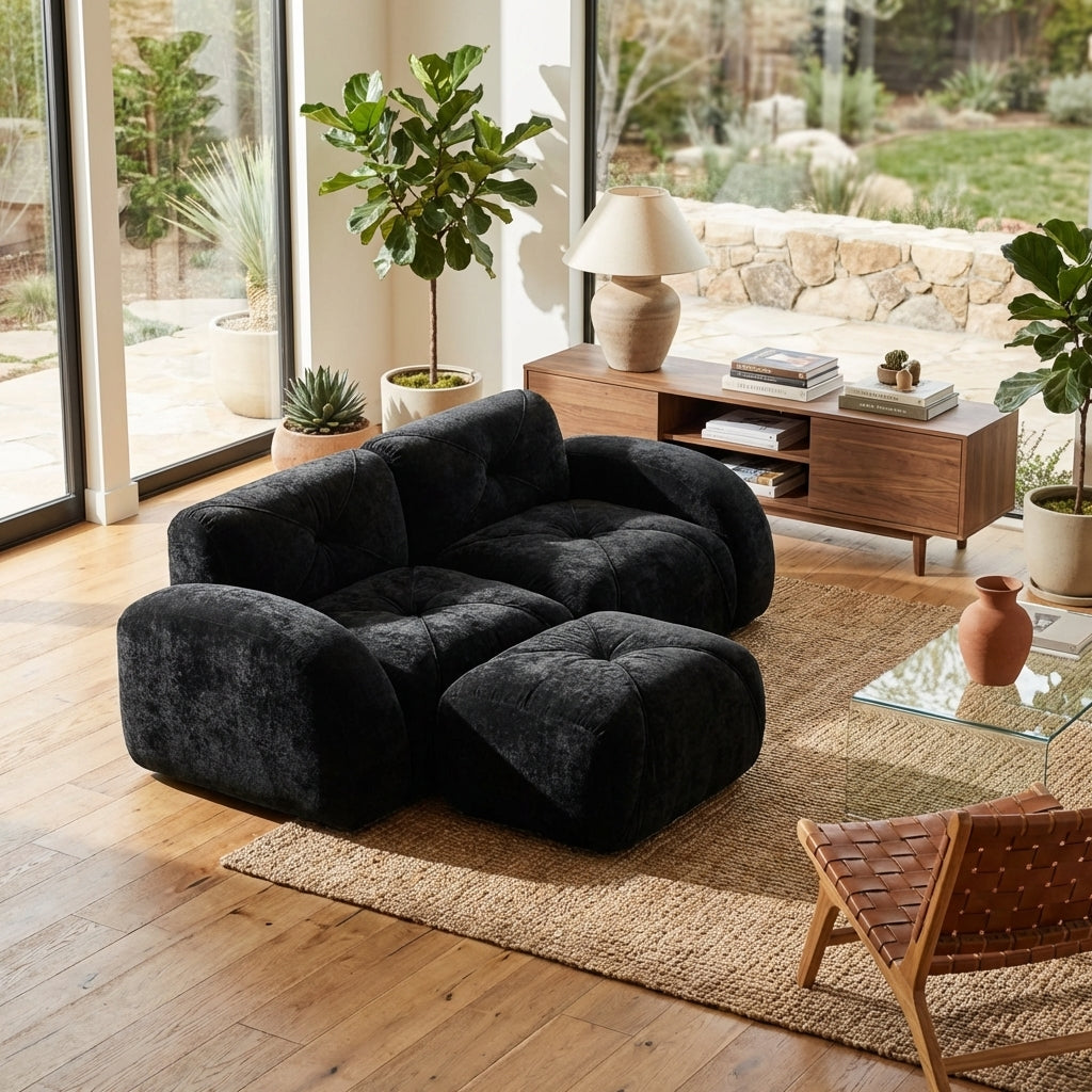 Aven 80" Modular Velvet Cloud L-Shaped Sectional Sofa with Ottoman and Curved Armrests