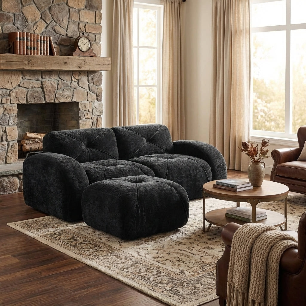 Aven 80" Modular Velvet Cloud L-Shaped Sectional Sofa with Ottoman and Curved Armrests
