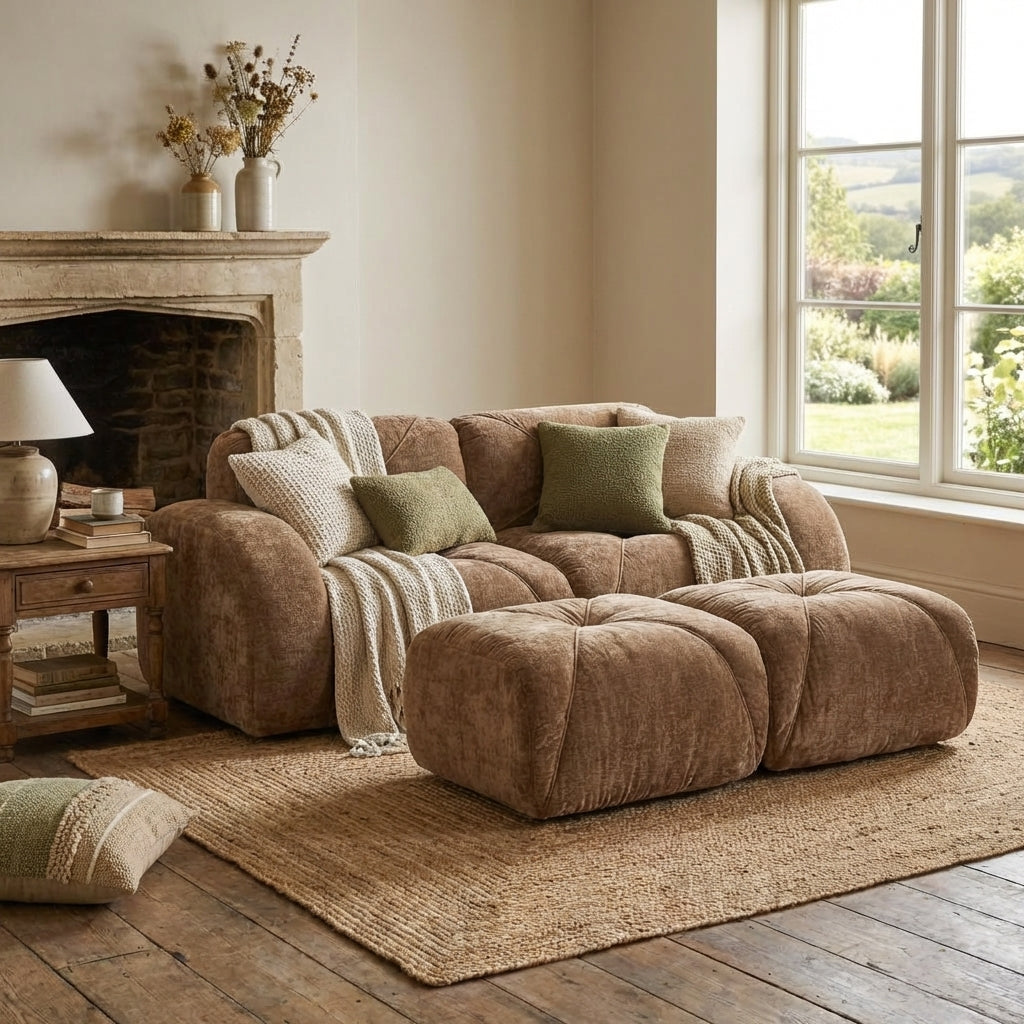 Aven 80" Modular Velvet Cloud Loveseat Sofa with 2 Ottomans and Curved Armrests