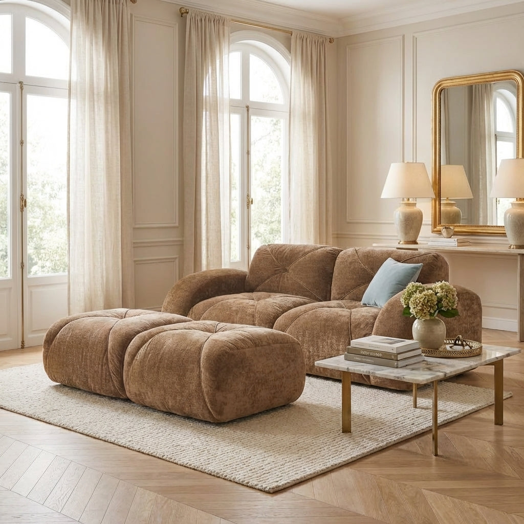 Aven 80" Modular Velvet Cloud Loveseat Sofa with 2 Ottomans and Curved Armrests