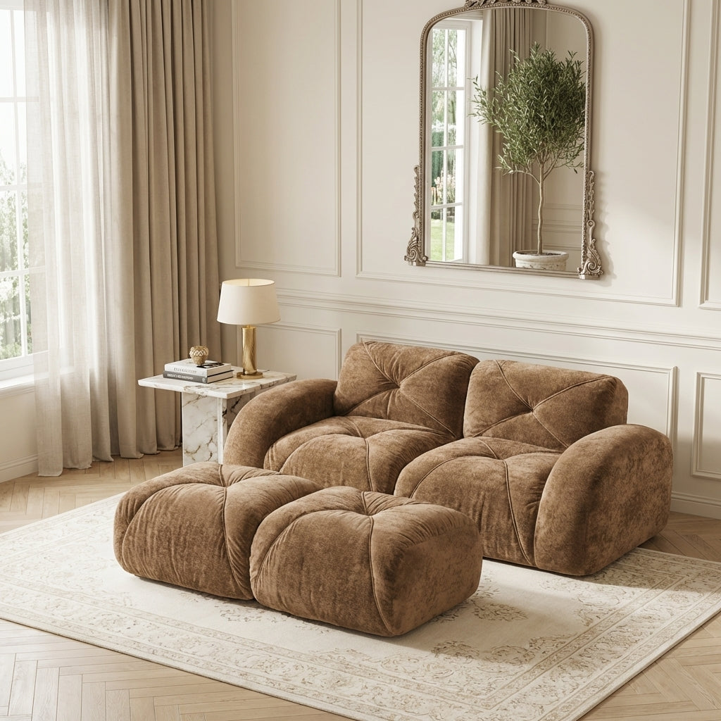 Aven 80" Modular Velvet Cloud Loveseat Sofa with 2 Ottomans and Curved Armrests
