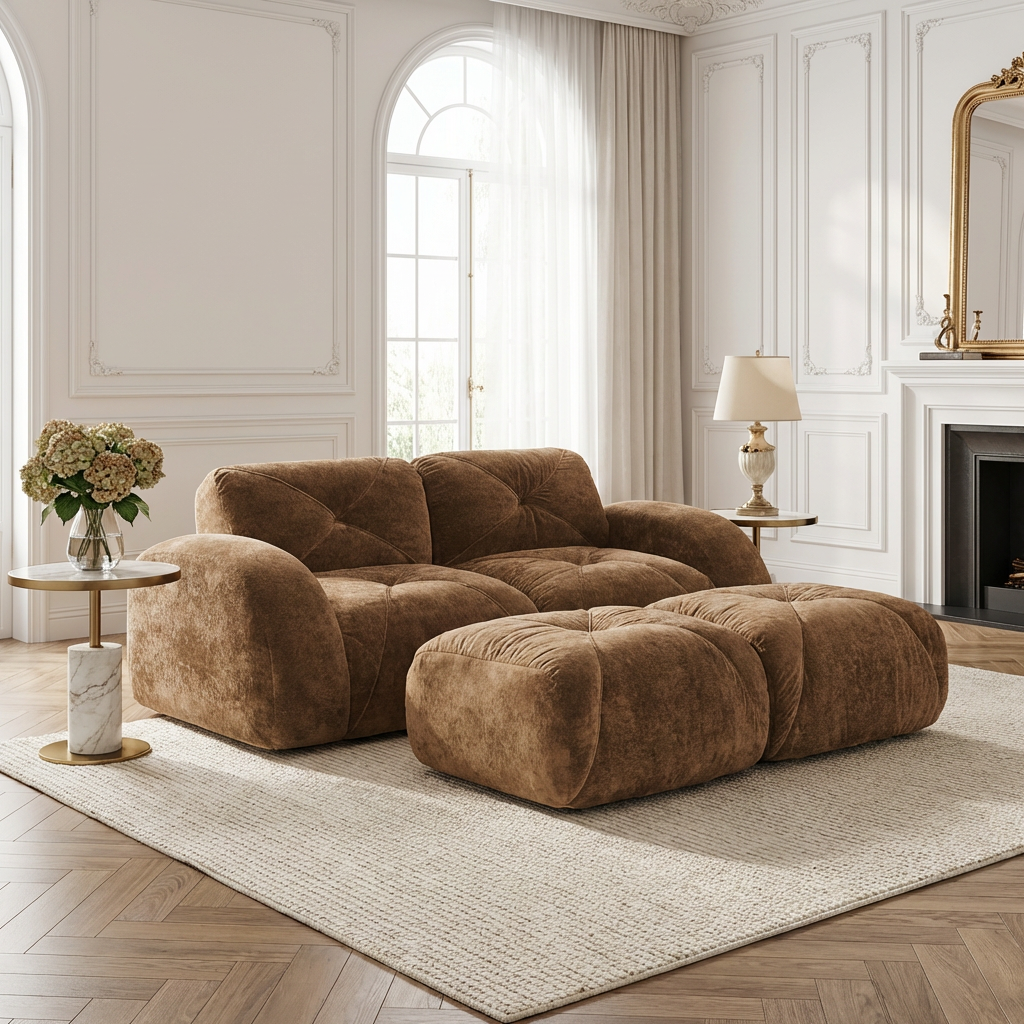 Aven 80" Modular Velvet Cloud Loveseat Sofa with 2 Ottomans and Curved Armrests