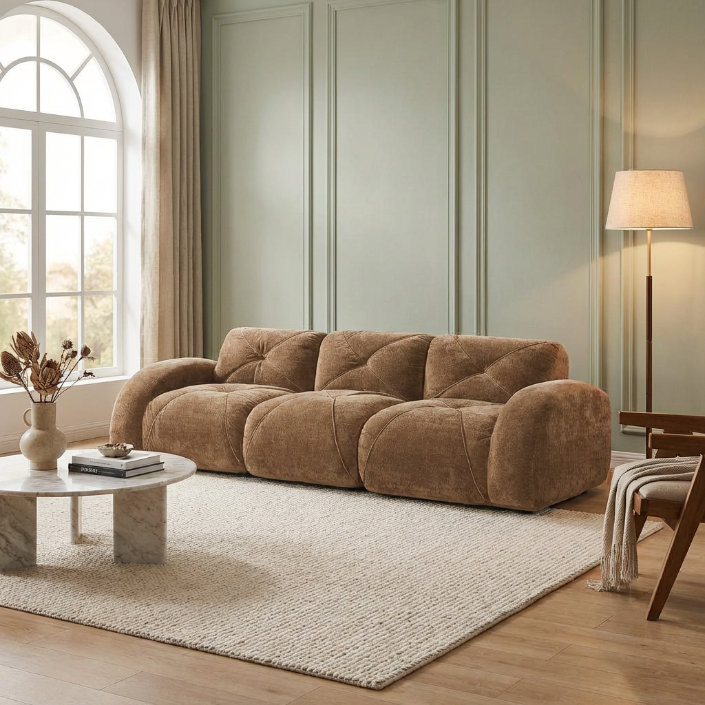 Aven 110" Modular Velvet Cloud 3-Seater Sofa with Curved Armrests