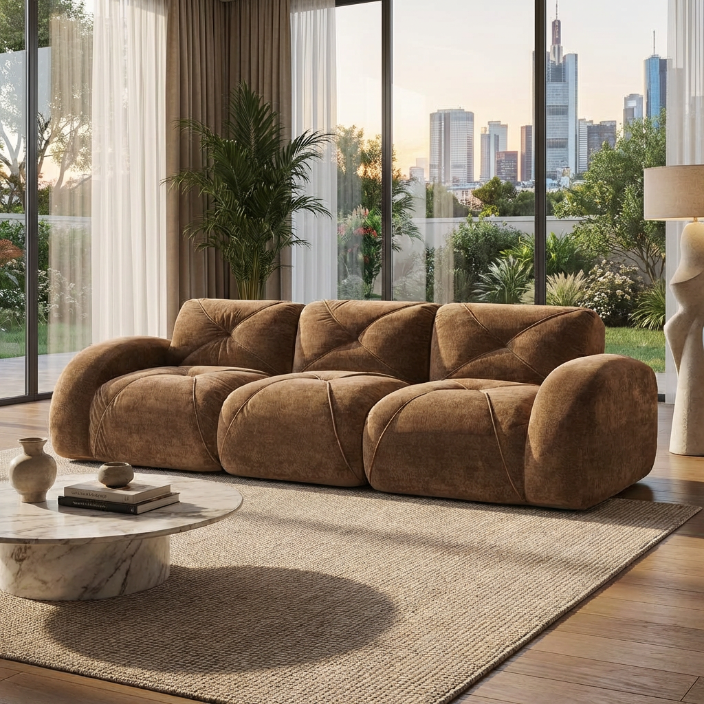 Aven 110" Modular Velvet Cloud 3-Seater Sofa with Curved Armrests