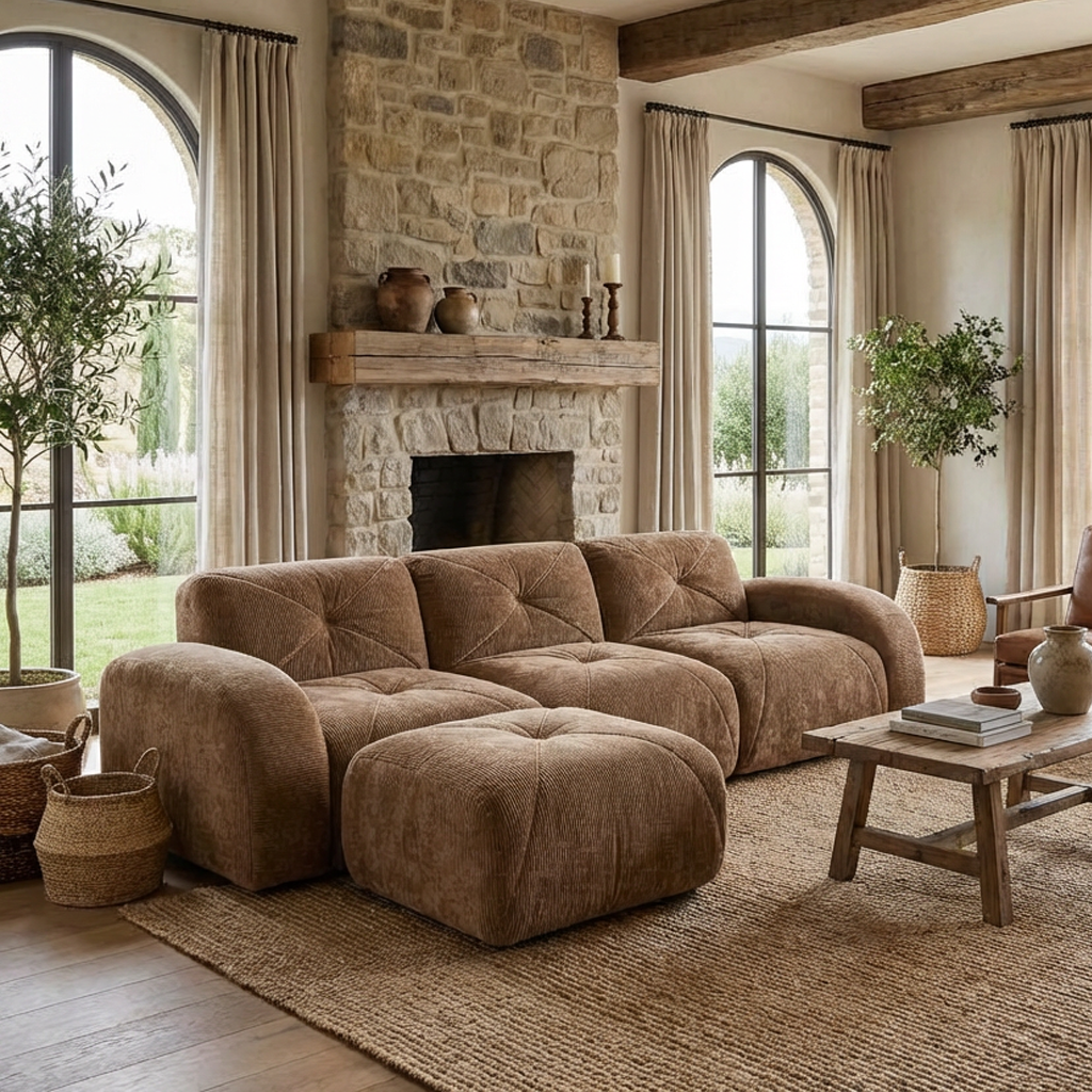 Aven 111" Modular Velvet Cloud L-Shaped Sectional Sofa with Movable Ottoman