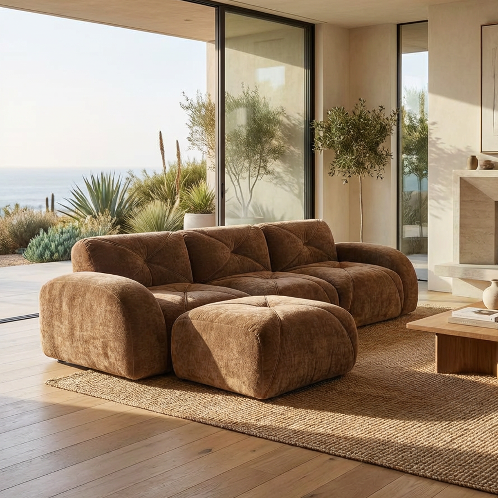 Aven 111" Modular Velvet Cloud L-Shaped Sectional Sofa with Movable Ottoman