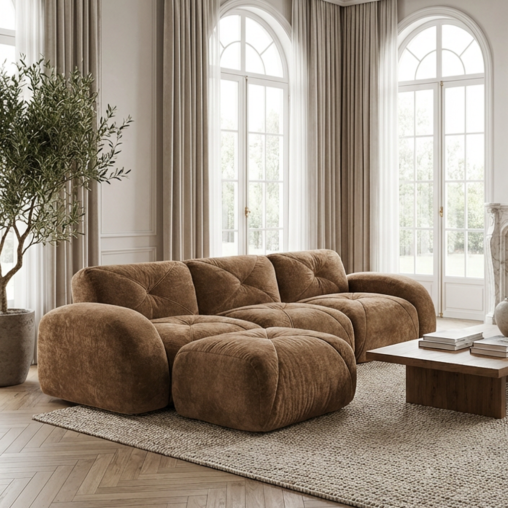 Aven 111" Modular Velvet Cloud L-Shaped Sectional Sofa with Movable Ottoman