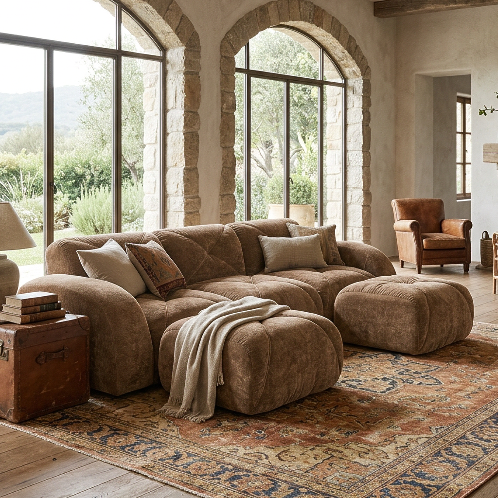 Aven 111" Modular Velvet Cloud U-Shaped Sectional Sofa with Ottomans and Curved Armrests