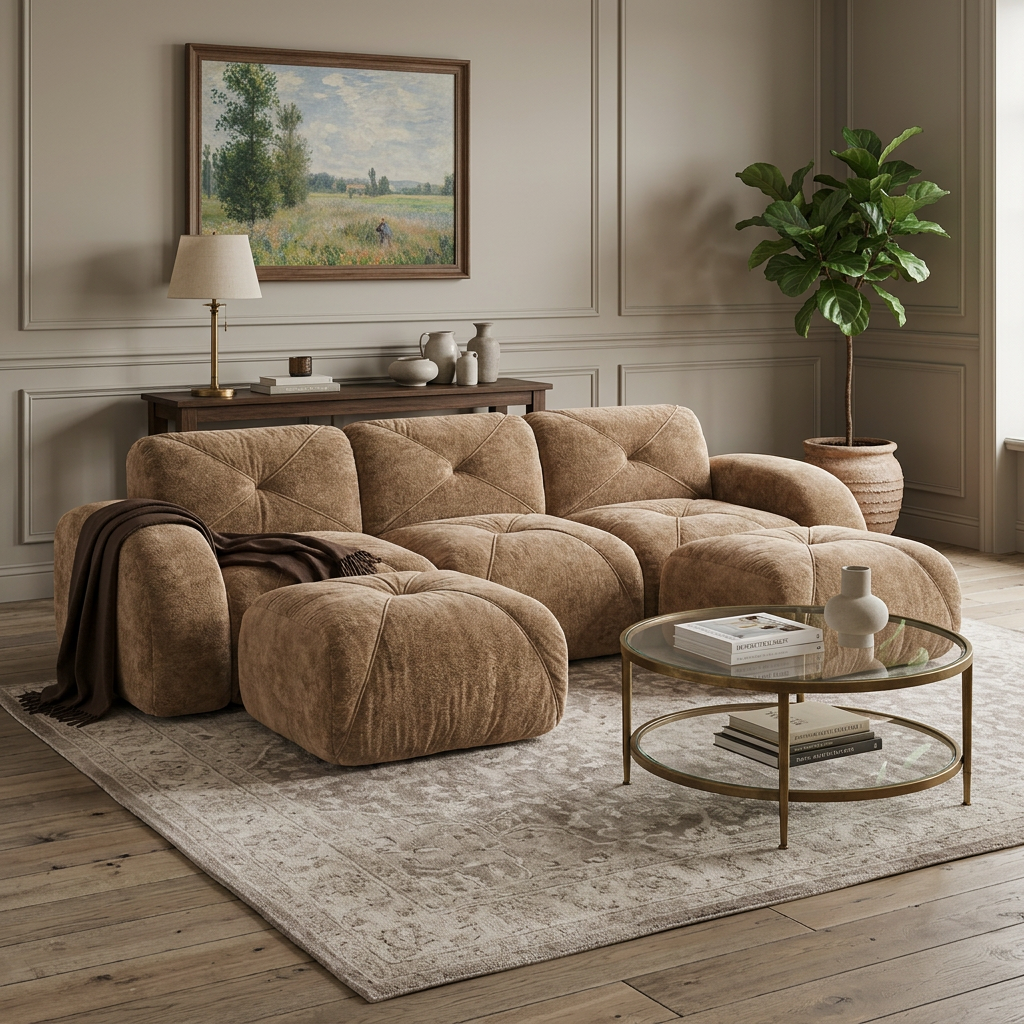 Aven 111" Modular Velvet Cloud U-Shaped Sectional Sofa with Ottomans and Curved Armrests