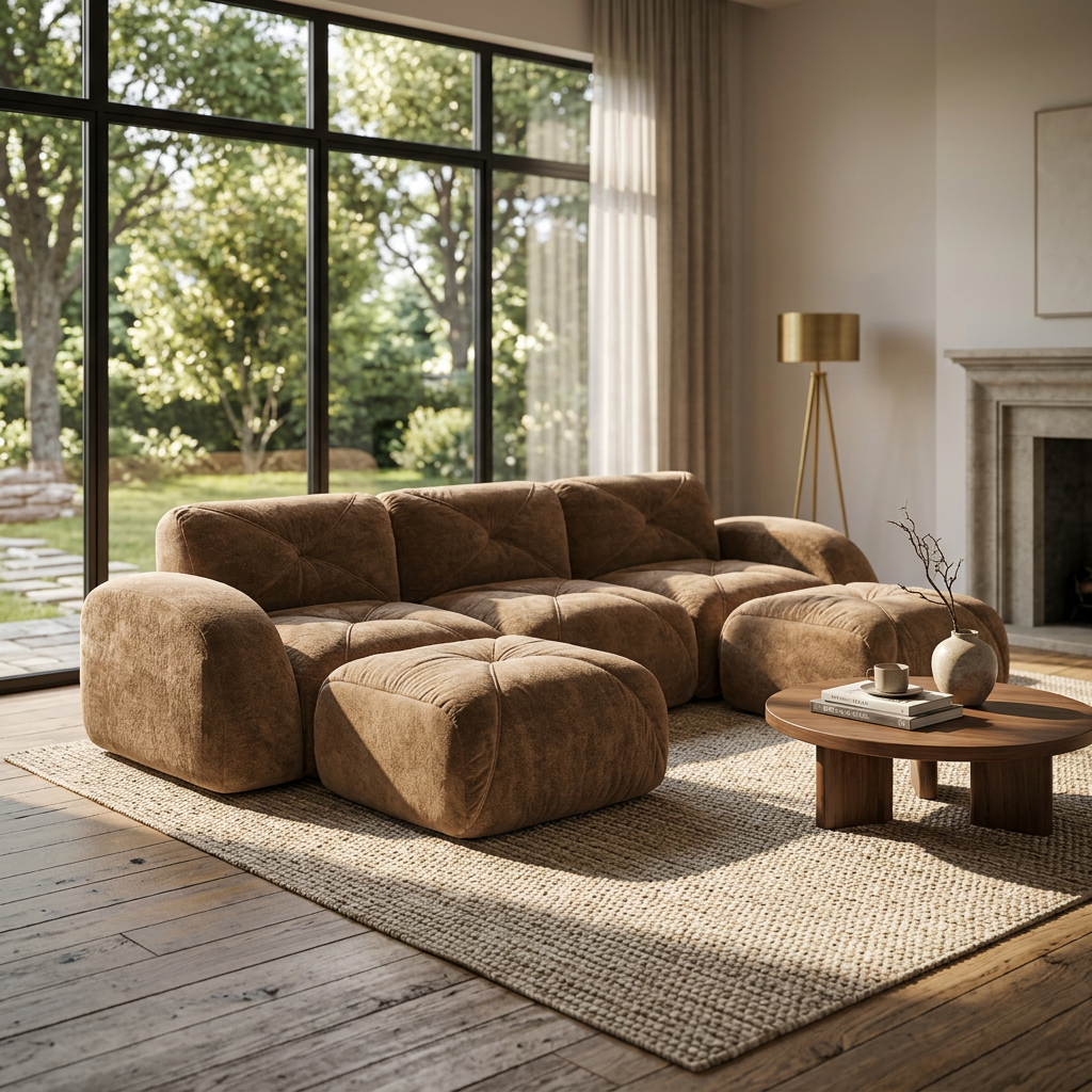Aven 111" Modular Velvet Cloud U-Shaped Sectional Sofa with Ottomans and Curved Armrests