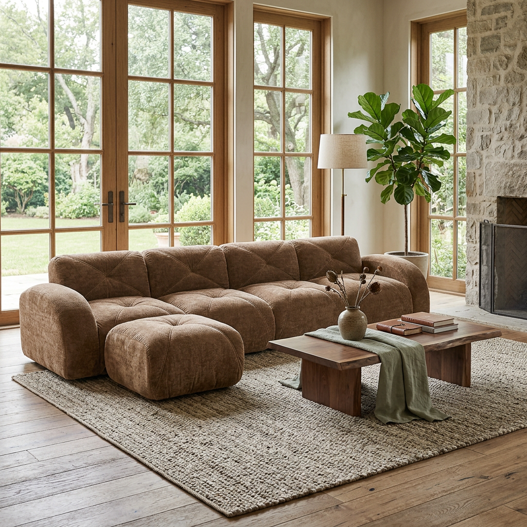 Aven 141" Modular Velvet Cloud L-Shaped Sectional Sofa with Ottoman and Curved Armrests