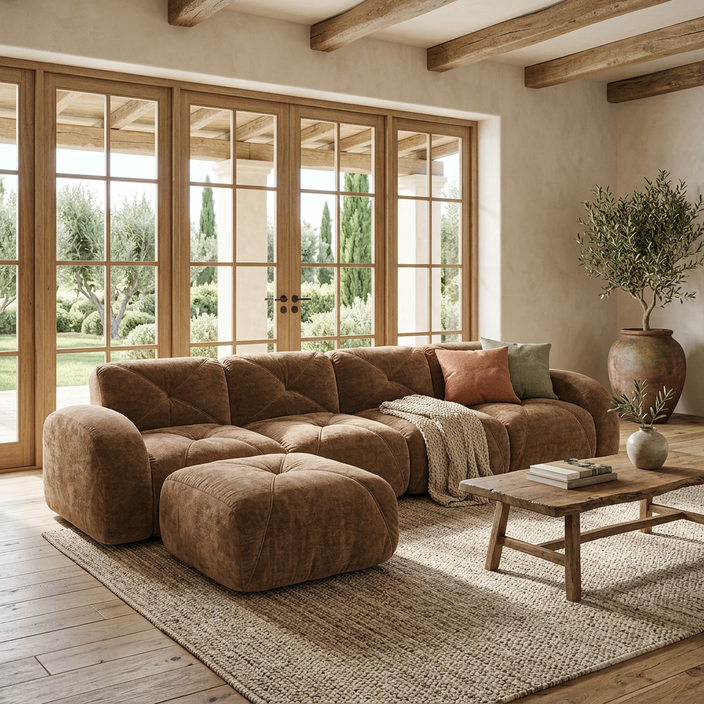 Aven 141" Modular Velvet Cloud L-Shaped Sectional Sofa with Ottoman and Curved Armrests