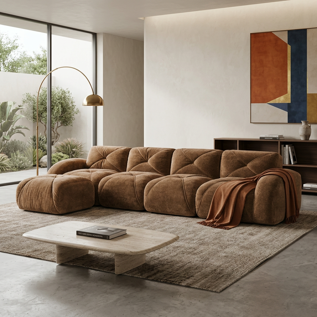 Aven 141" Modular Velvet Cloud L-Shaped Sectional Sofa with Ottoman and Curved Armrests