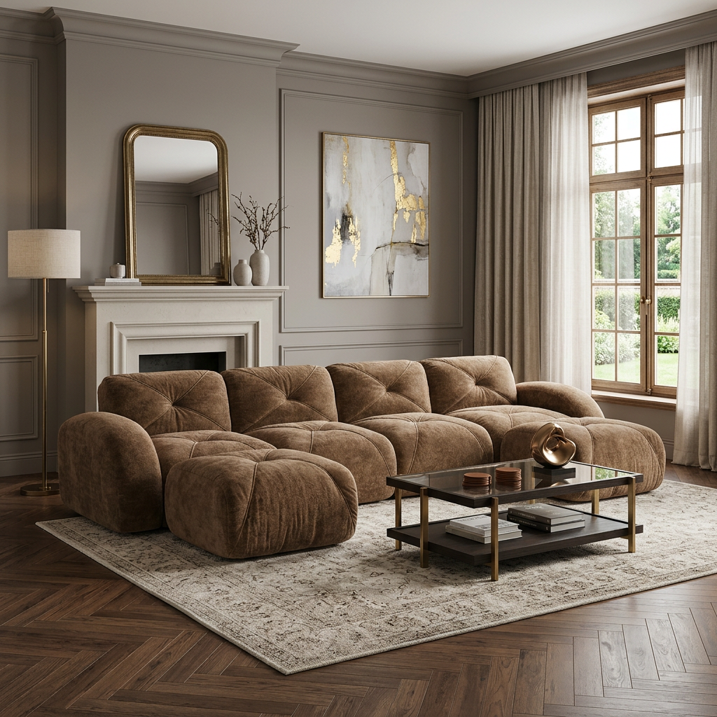 Aven 141" Modular Velvet Cloud U-Shaped Sectional Sofa with Ottomans and Curved Armrests