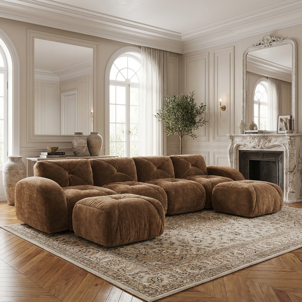 Aven 141" Modular Velvet Cloud U-Shaped Sectional Sofa with Ottomans and Curved Armrests