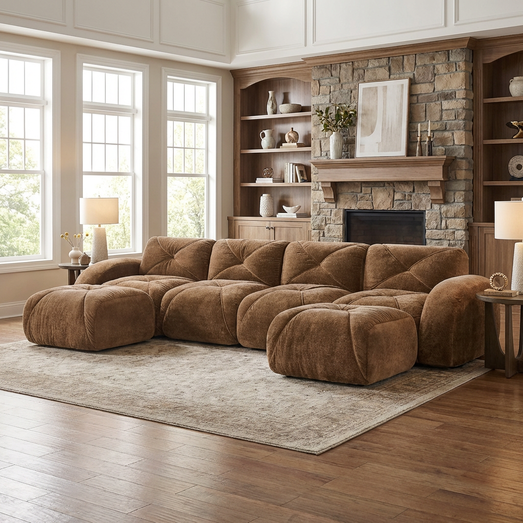 Aven 141" Modular Velvet Cloud U-Shaped Sectional Sofa with Ottomans and Curved Armrests