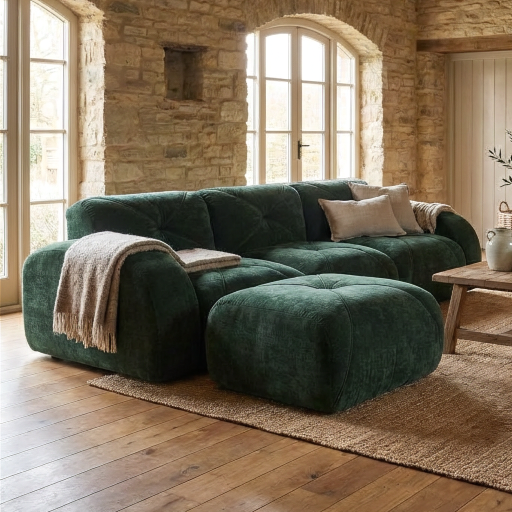 Aven 111" Modular Velvet Cloud L-Shaped Sectional Sofa with Movable Ottoman