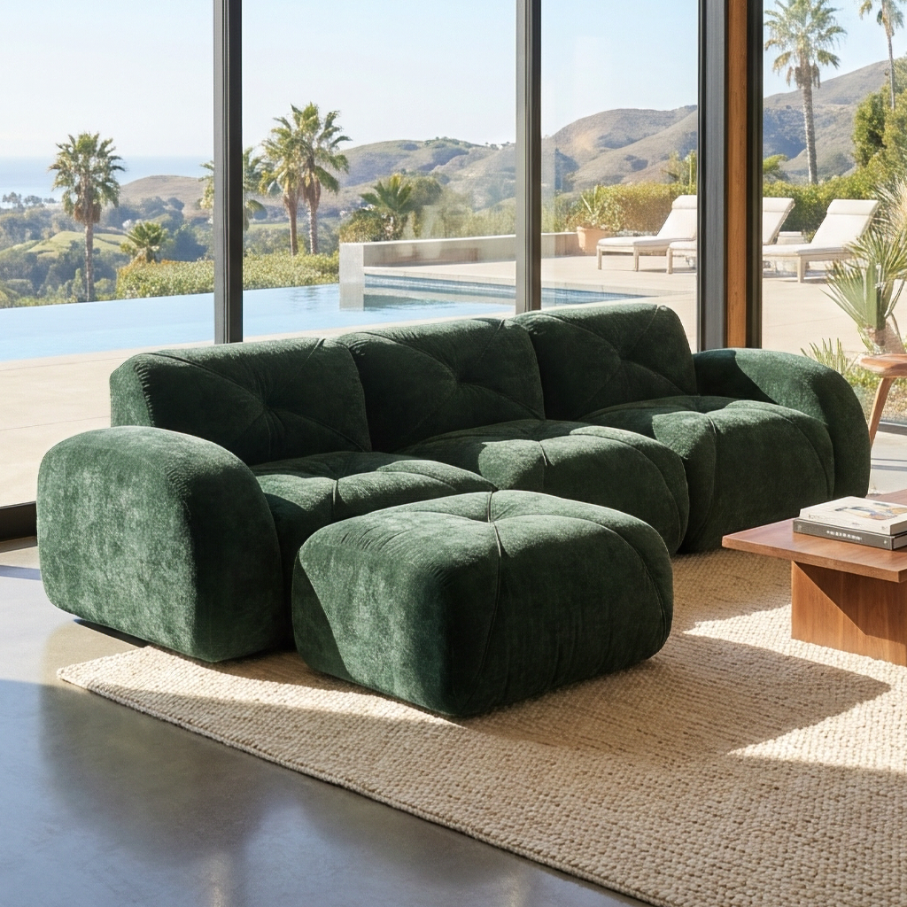 Aven 111" Modular Velvet Cloud L-Shaped Sectional Sofa with Movable Ottoman
