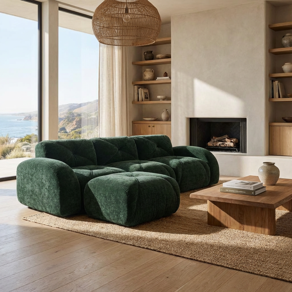 Aven 111" Modular Velvet Cloud L-Shaped Sectional Sofa with Movable Ottoman