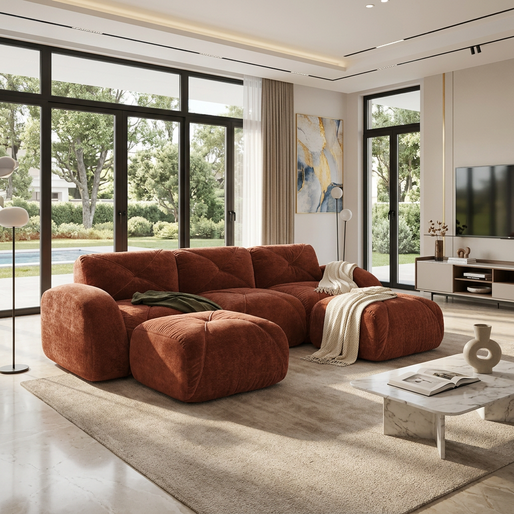 Aven 111" Modular Velvet Cloud U-Shaped Sectional Sofa with Ottomans and Curved Armrests