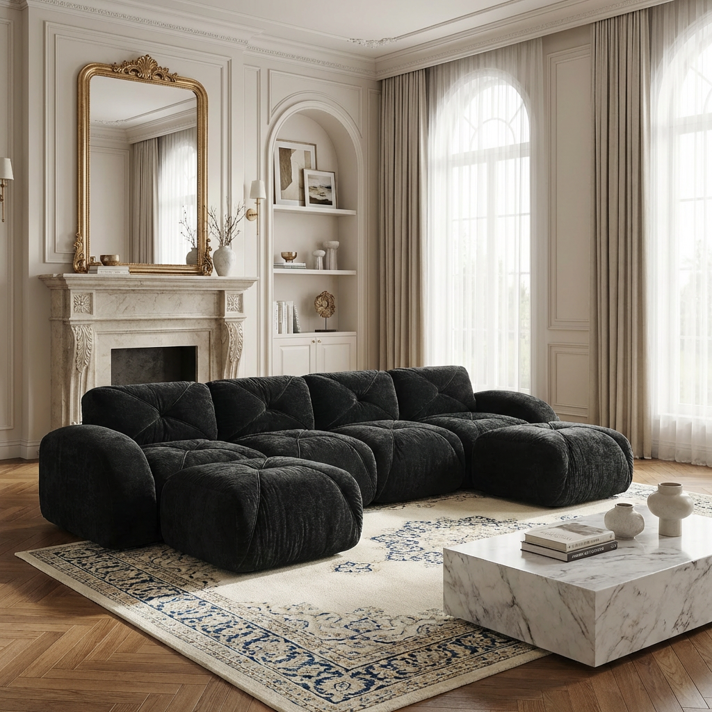 Aven 141" Modular Velvet Cloud U-Shaped Sectional Sofa with Ottomans and Curved Armrests