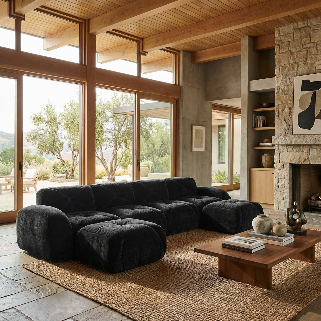 Aven 141" Modular Velvet Cloud U-Shaped Sectional Sofa with Ottomans and Curved Armrests