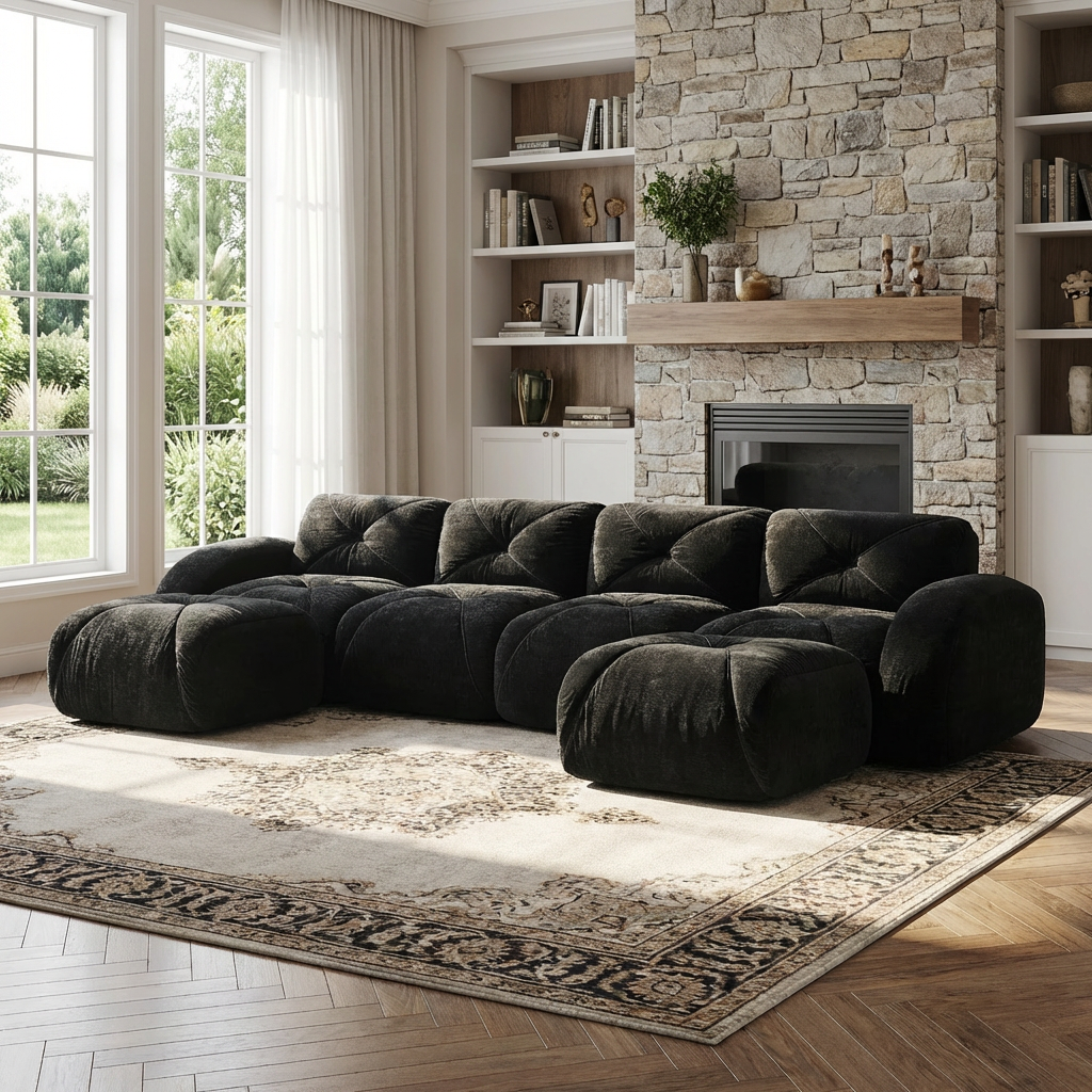 Aven 141" Modular Velvet Cloud U-Shaped Sectional Sofa with Ottomans and Curved Armrests