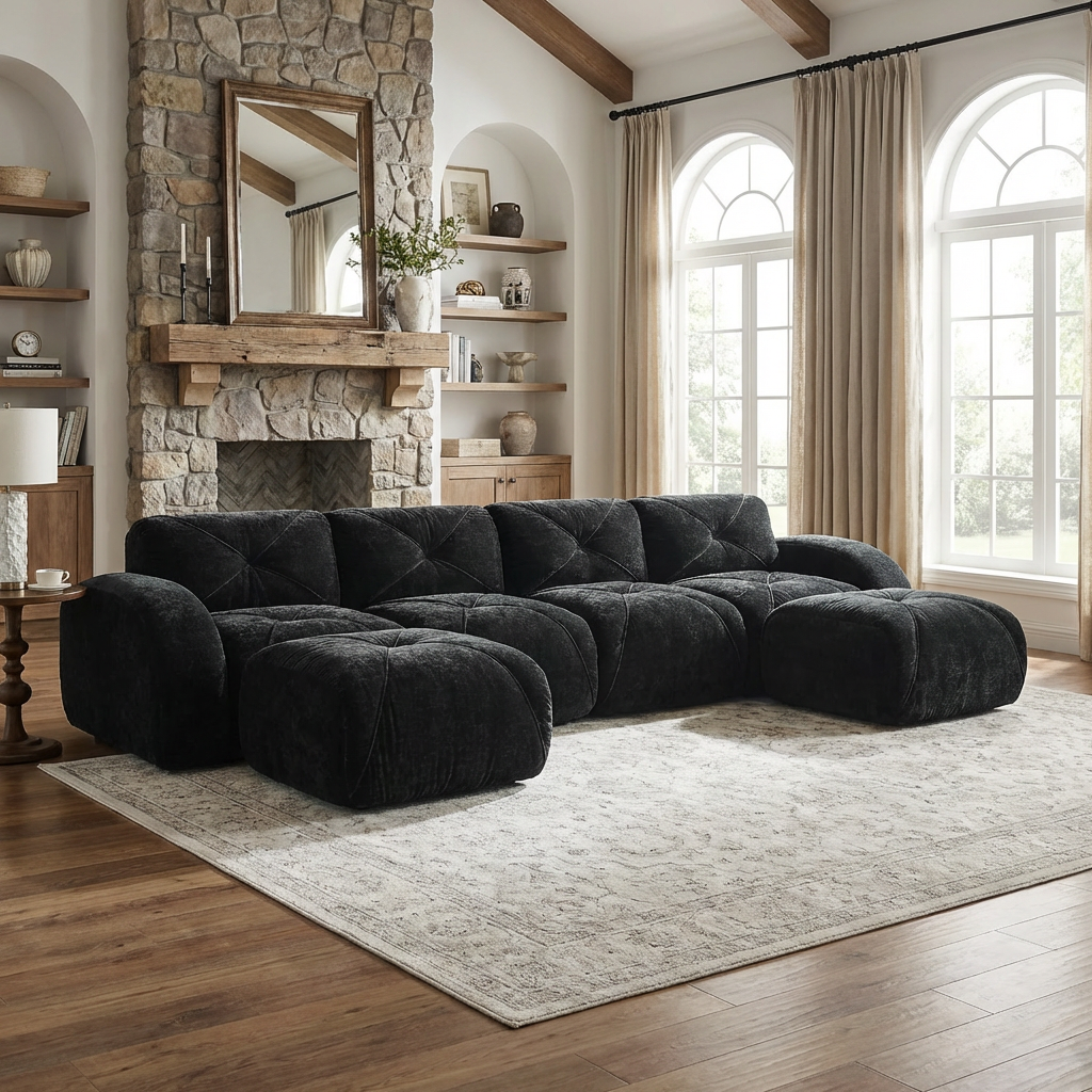 Aven 141" Modular Velvet Cloud U-Shaped Sectional Sofa with Ottomans and Curved Armrests