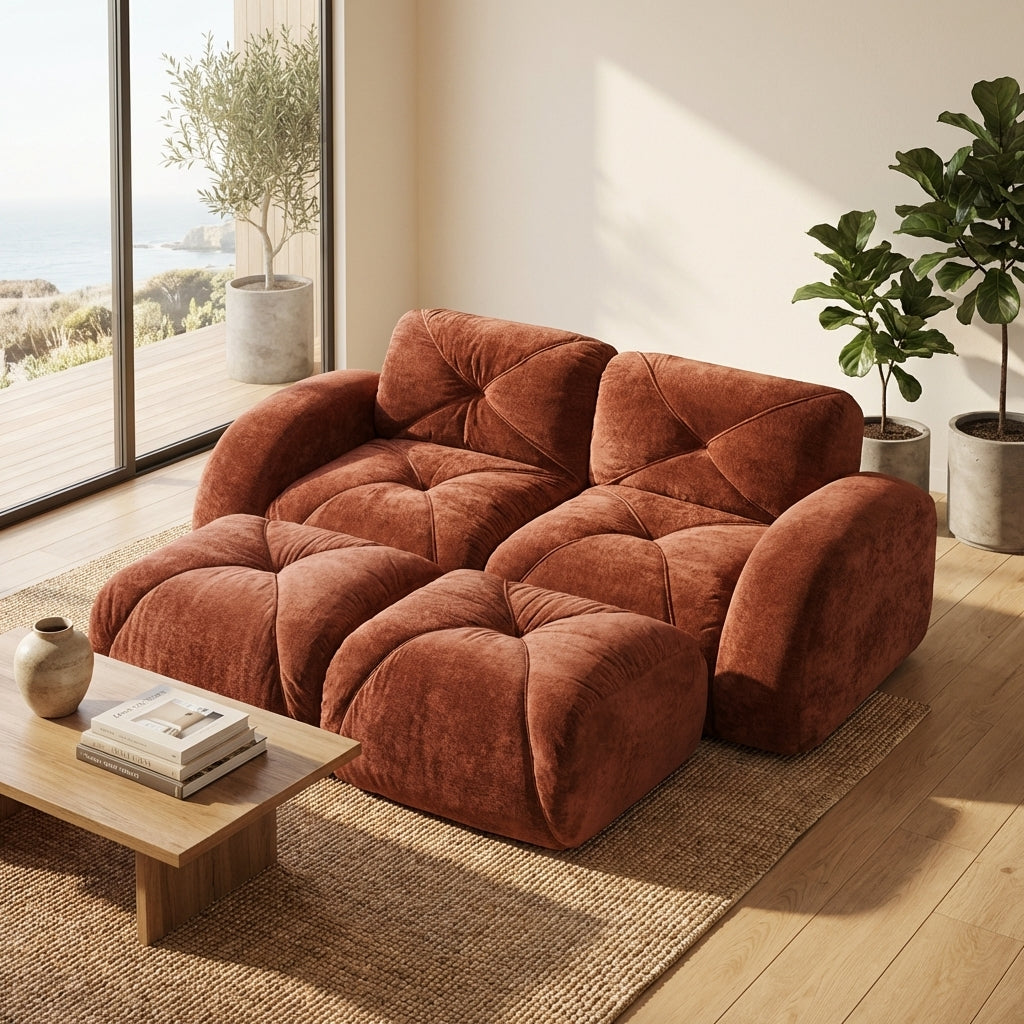 Aven 80" Modular Velvet Cloud Loveseat Sofa with 2 Ottomans and Curved Armrests