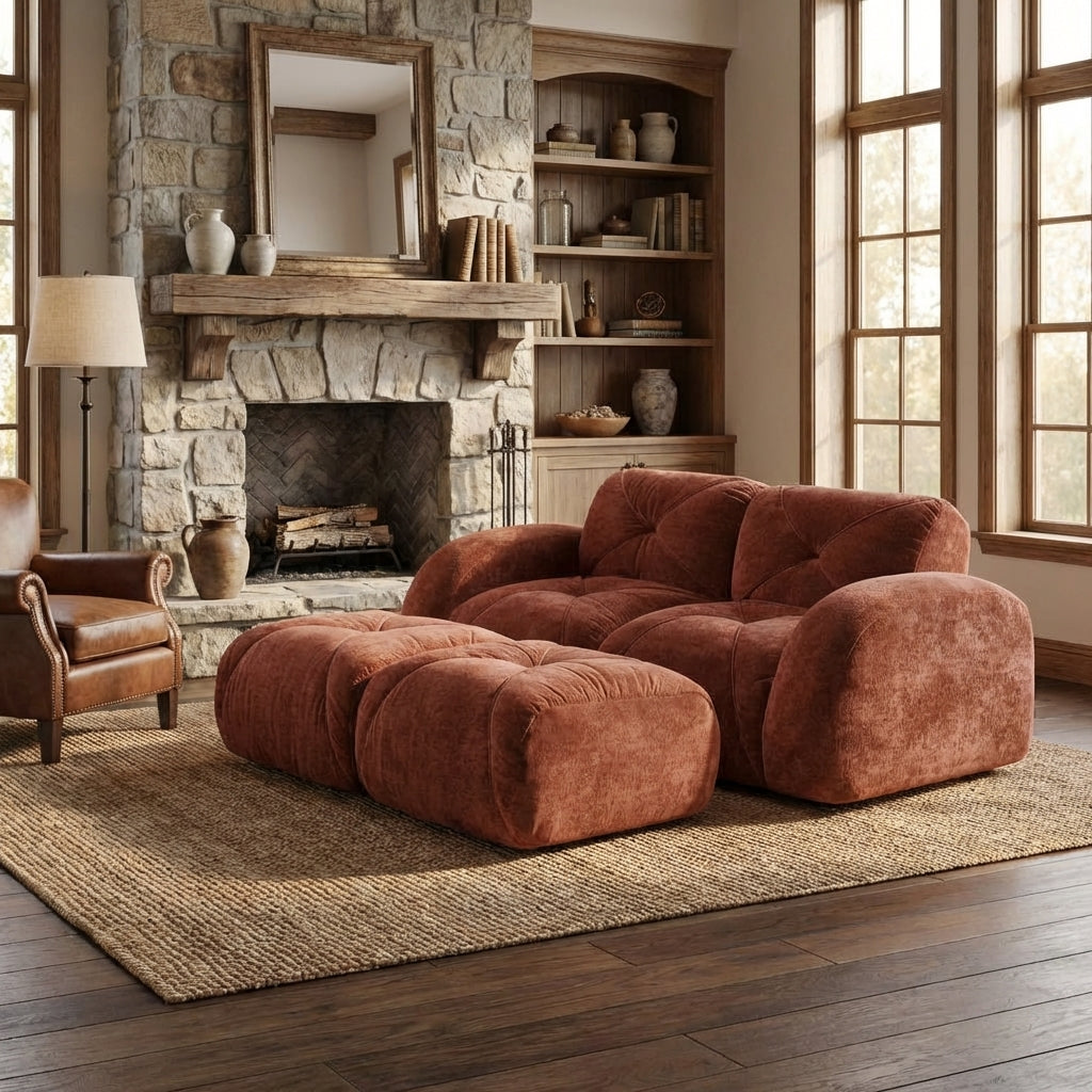 Aven 80" Modular Velvet Cloud Loveseat Sofa with 2 Ottomans and Curved Armrests