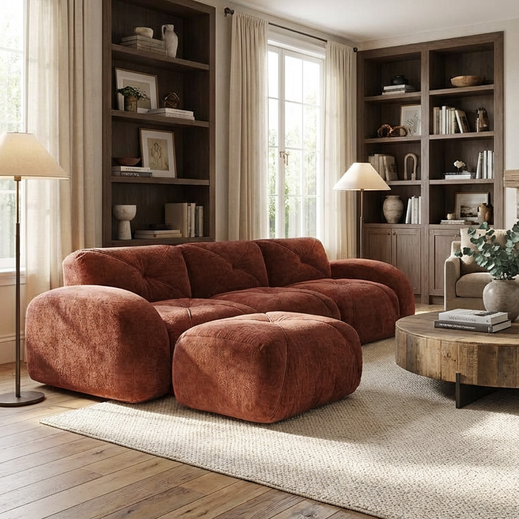 Aven 111" Modular Velvet Cloud L-Shaped Sectional Sofa with Movable Ottoman