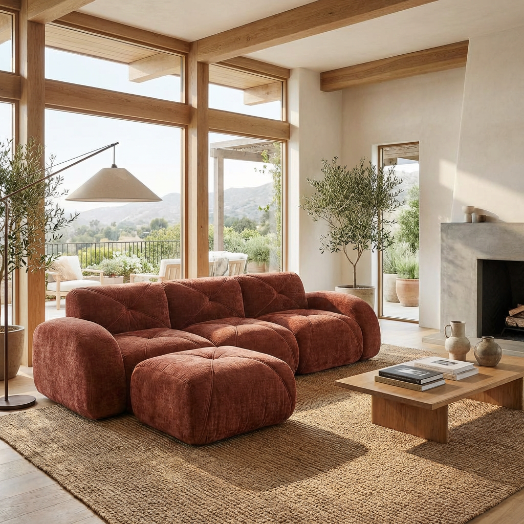 Aven 111" Modular Velvet Cloud L-Shaped Sectional Sofa with Movable Ottoman