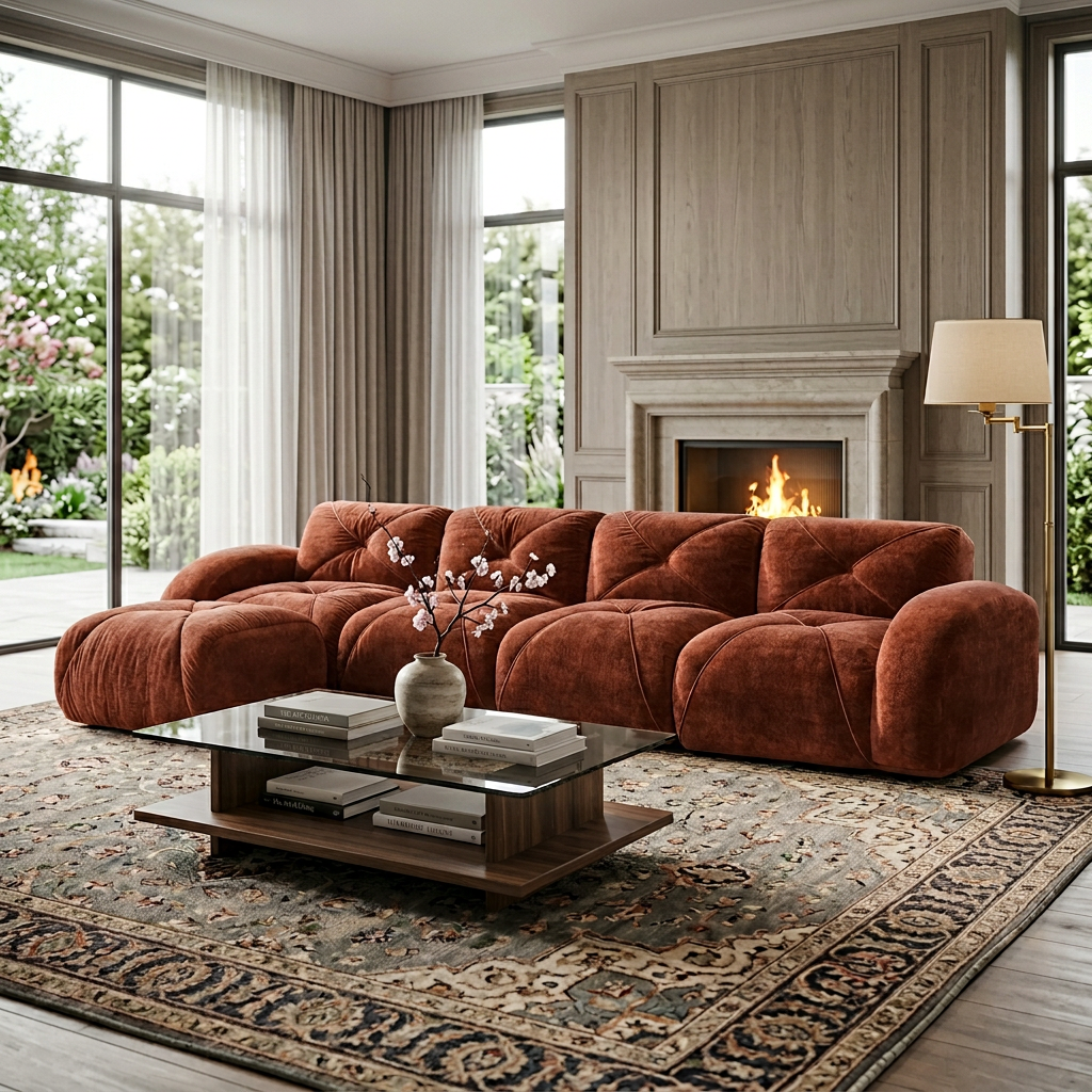 Aven 141" Modular Velvet Cloud L-Shaped Sectional Sofa with Ottoman and Curved Armrests