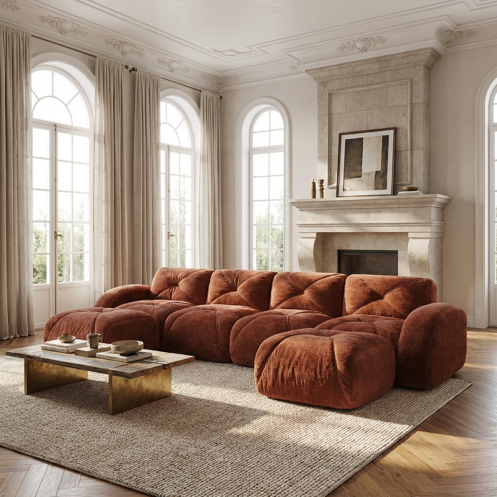 Aven 141" Modular Velvet Cloud U-Shaped Sectional Sofa with Ottomans and Curved Armrests