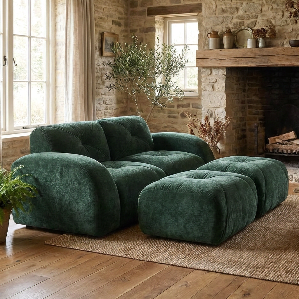 Aven 80" Modular Velvet Cloud Loveseat Sofa with 2 Ottomans and Curved Armrests