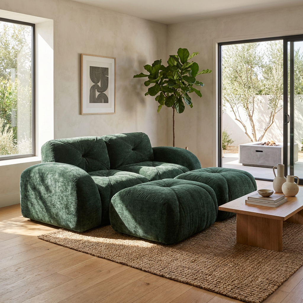 Aven 80" Modular Velvet Cloud Loveseat Sofa with 2 Ottomans and Curved Armrests