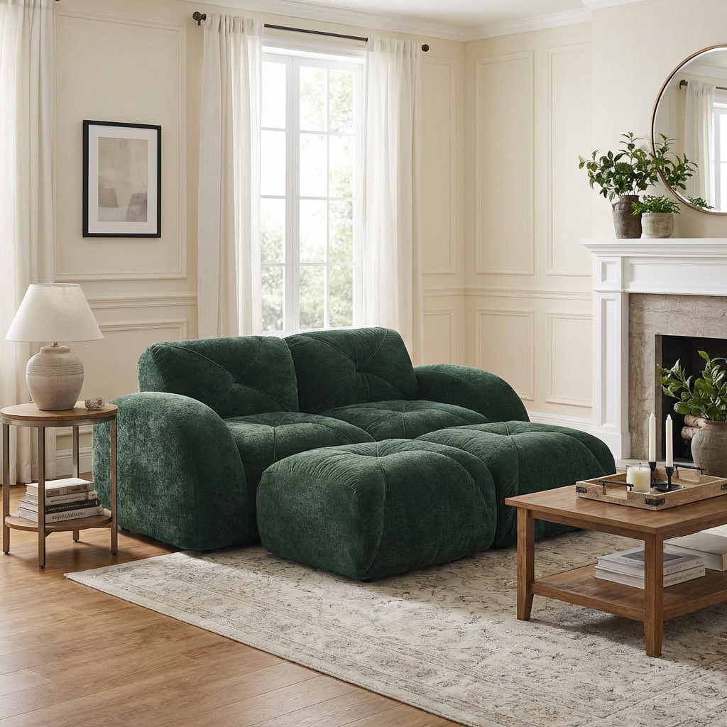 Aven 80" Modular Velvet Cloud Loveseat Sofa with 2 Ottomans and Curved Armrests